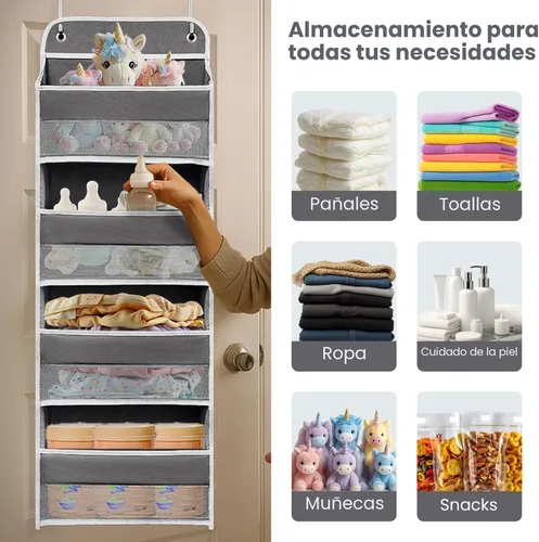 Miniatura 5 de Organizador sobre la puerta con 4 bolsillos laterales de malla, capacidad de peso de 44 libras para colgar detrás de la puerta, almacenamiento Gris