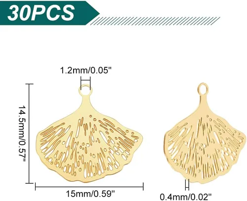 Miniatura 3 de UNICRAFTALE 30 dijes de hoja chapados en oro de 18 quilates, de acero inoxidable, dijes de ginkgo, colgantes de hojas de otoño, aretes colgantes