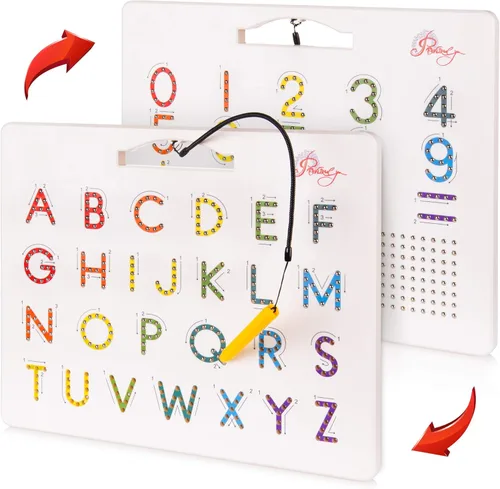 Tablero magnético de trazado del alfabeto, letras y números de doble cara, tablero de seguimiento magnético, imanes ABC aprenden a escribir con