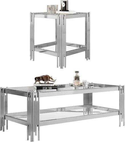 Miniatura 27 de Mesa auxiliar rectangular de vidrio de 48 pulgadas, mesa de centro de 2 niveles con parte superior de vidrio templado negro, patas de acero