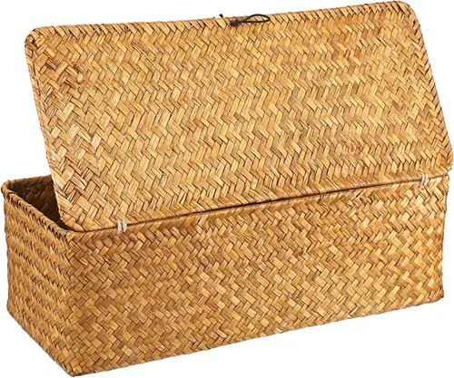 Miniatura 9 de Cesta de almacenamiento Hipiwe de seagrass con tapa, cestas de estante tejidas rectangulares para armarios, despensa, baño, estante de cocina