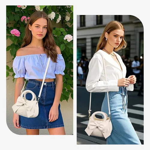 Miniatura 2 de Bolsos pequeños para mujeres tipo bandolera, bolso cruzado de cuero vegano y carteras con asa superior de transporte y lindo nudo de lazo