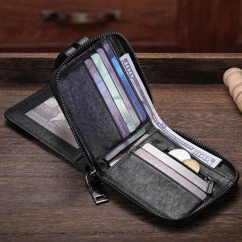 Miniatura 95 de LUKZIJAES Billetera de cuero genuino para hombre, con bloqueo RFID, delgada, plegable, bolsillo frontal, #3-Café, Vintage