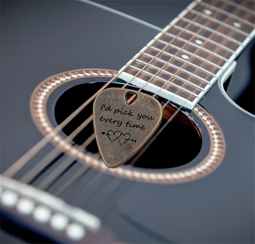 Miniatura 3 de JUPPE Púas de guitarra, púa de guitarra de bronce "I'd Pick You Every Time" con estuche de cuero, regalos de cumpleaños musicales para parejas