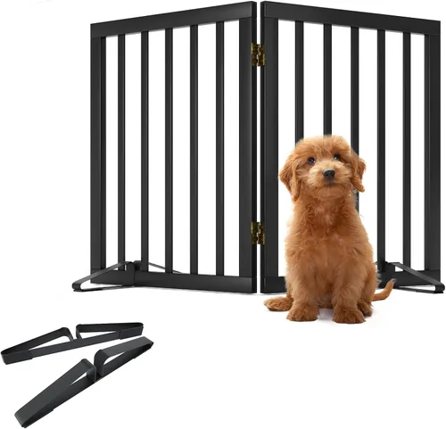 Miniatura 28 de Puerta plegable negra para mascotas de 18-55 pulgadas para escaleras y puertas, valla de puerta para cachorros