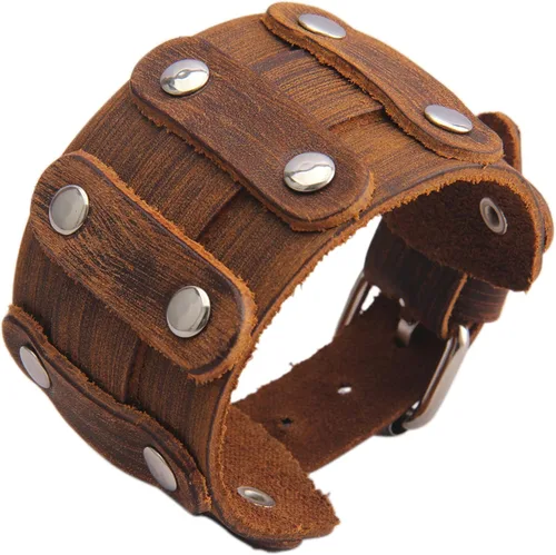 Miniatura 54 de Jeilwiy Pulseras de cuero punk para hombres, pulseras hechas a mano, brazalete ancho, joyería trenzada, color negro y marrón, ajustable, regalos