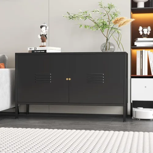 Miniatura 2 de Gabinete de almacenamiento de metal, soporte de TV de 2 puertas, armario decorativo con puertas y estante ajustable, armario de metal, mesita