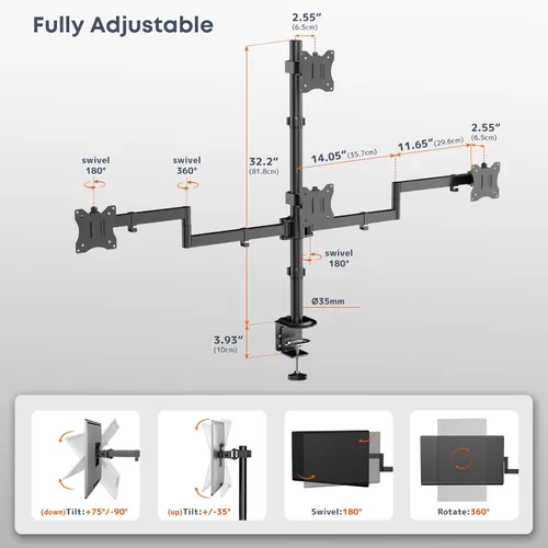 Miniatura 6 de Soporte para monitor cuádruple para 17-27 pulgadas, totalmente ajustable, resistente, soporte de escritorio con 4 brazos, carga máxima de 22 libras