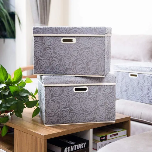 Miniatura 2 de PRANDOM Caja de almacenamiento plegable más grande con tapa [1 unidad] Contenedor Cesta Organizadora Cubo de Almacenamiento Decorativo de Tela
