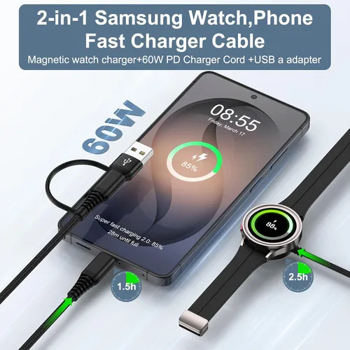Miniatura 2 de Magnetic Samsung Fast Charger Cord for Galaxy Watch 8 Classic/8/7/Ultra/6/6/5 Pro/5/4/3/FE/2/ 2in1 USB A & USB C Fast Charging Cord 6FT for Samsung