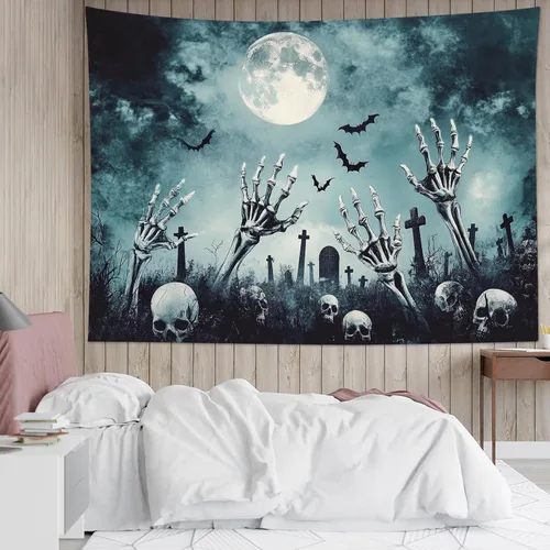 Miniatura 42 de HVEST Tapiz de Halloween de luna llena, lápida de cuervo negro, árbol muerto, tapiz para dormitorio, cementerio gris aterrador, bosque, decoración