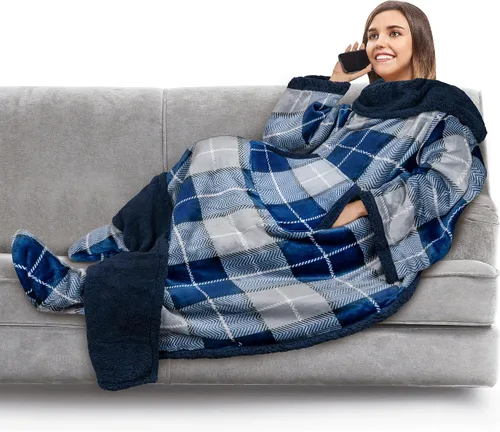 Miniatura 23 de PAVILIA Manta de forro polar con mangas, bolsillos para los pies para mujeres, hombres y adultos, manta de felpa para llevar, cálida manta