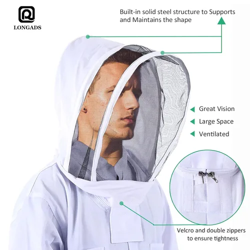 Miniatura 2 de LONGADS Traje de abeja profesional para hombres y mujeres, traje de apicultor con guante y capucha ventilada, traje de abeja de varios tamaños