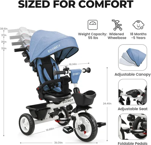 Miniatura 3 de EOOWOY Triciclo para niños pequeños con mango de empuje, Cochecito Triciclo 7 en 1 con asiento giratorio de 360°, respaldo reclinable, ruedas todo