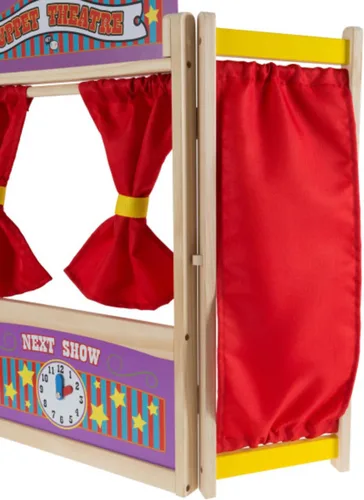 Miniatura 5 de HEY! PLAY! Teatro de marionetas para niños, juguete de mesa de madera de 30 x 26 pulgadas con cortinas, pizarra y reloj para inspirar imaginación