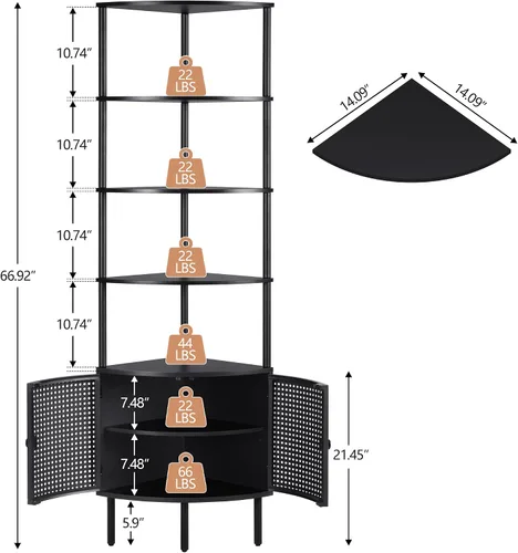 Miniatura 3 de Estante esquinero de 66.92 pulgadas de alto de 4 niveles, armario de baño esquinero con puertas de ratán de metal, estante de almacenamiento