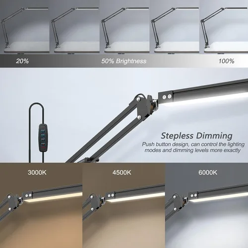 Miniatura 2 de Lámpara de escritorio LED, lámpara de escritorio ajustable con brazo oscilante con abrazadera, luz de escritorio regulable para el cuidado