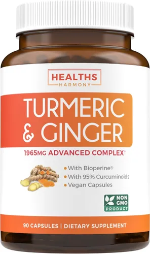 Suplemento de cúrcuma y jengibre (sin OGM), porción de 1980 mg – Curcumina de cúrcuma con bioperina de pimienta negra, extracto de jengibre y 95%