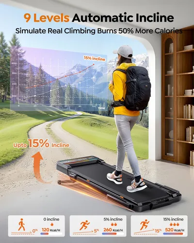 Miniatura 2 de Almohadilla plegable para caminar con inclinación automática del 0 al 15% y barra de mango, caminadora debajo del escritorio con capacidad