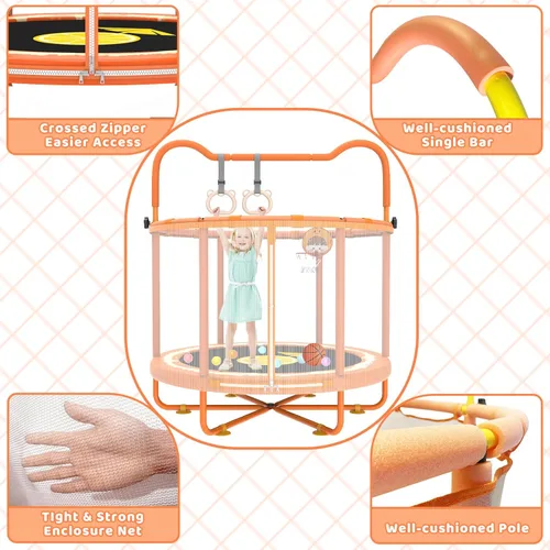 Miniatura 4 de Gardenature Trampolín para Niños de 60" Interior, Mini Trampolín para Niños Pequeños de 5 pies con Aro de Baloncesto, Barra de Gimnasia, Anillos
