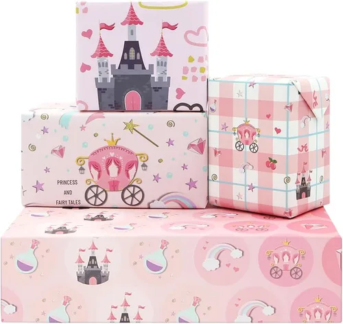 Papel de regalo rosa, 4 hojas plegadas, papel de estraza para envolver cumpleaños, castillo, carruaje, cuentos de hadas, papel mágico de regalo de
