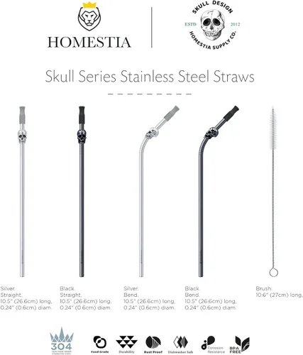 Miniatura 9 de Homestia Pajitas de acero inoxidable reutilizables con diseño de calavera, paquete de 4 pajitas de metal de 10.5 pulgadas con 4 puntas de silicona