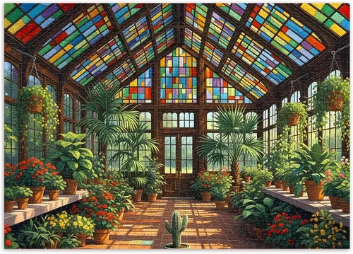 Rompecabezas para adultos de 1000 piezas, rompecabezas de invernadero de vidrieras con arte en papel, divertido y difícil rompecabezas de flores