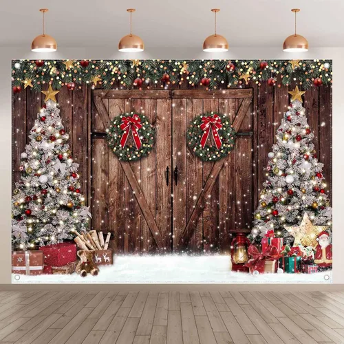 Miniatura 2 de Telón de fondo de tela de 2,1x1,5 m, diseño rústico de Navidad, granero de invierno, árbol de Navidad, nieve, regalos, Papá Noel, fondo
