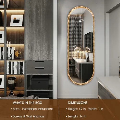 Miniatura 2 de Espejo de cuerpo completo ovalado, espejo de pie grande con marco de cuentas de metal, para colgar, espejo de vestidor para dormitorio, sala