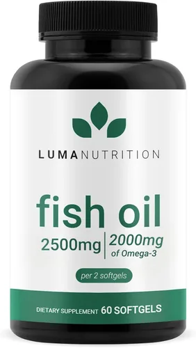 Luma Nutrition Suplemento de Aceite de Pescado Omega 3 - Fuerza Extra 2500mg - 2000mg EPA y DHA - Salud del Cerebro y del Corazón - 60 Softgels