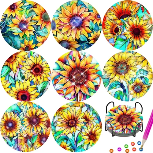 Miniatura 15 de TDOOW 8 Piezas Posavasos de Pintura de Diamante, Posavasos de Arte de Diamante de Girasol para Adultos DIY Posavasos de Arte de Diamante