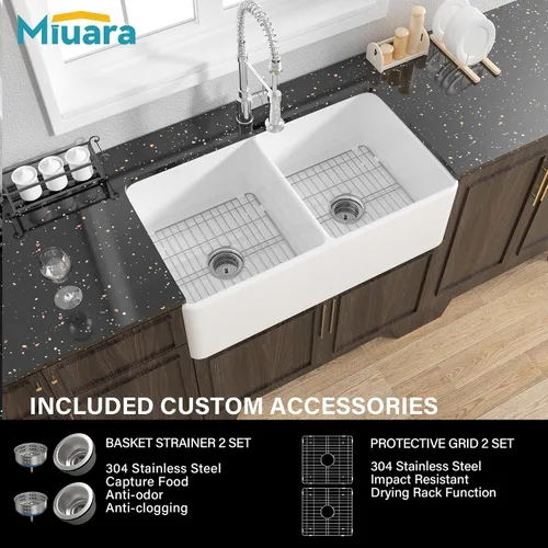 Miniatura 8 de Miuara Fregadero de cocina estilo casa de campo con cuenco doble de 33 pulgadas, fregadero de cocina frontal con delantal blanco, reversible, 33 x