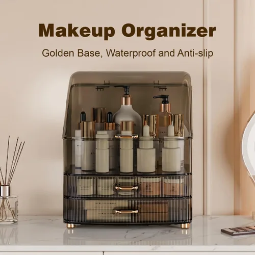 Miniatura 2 de Organizador de maquillaje para encimera de tocador con cajones, tapa transparente, impermeable y a prueba de polvo, almacenamiento de cosméticos