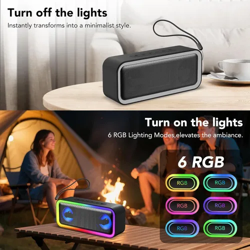 Miniatura 8 de Altavoz Bluetooth portátil, altavoz inalámbrico estéreo de 30 W con graves profundos y luces RGB, Bluetooth 5.4, IPX7 impermeable, tiempo