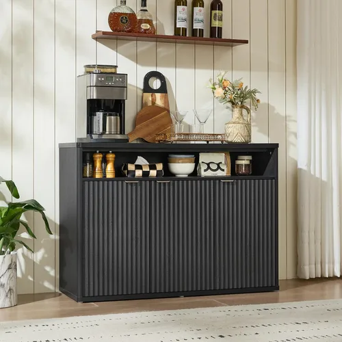 Miniatura 6 de LEYAOYAO Gabinete de buffet acanalado con almacenamiento, aparador de madera de 45 pulgadas de ancho con 3 puertas y estante de almacenamiento