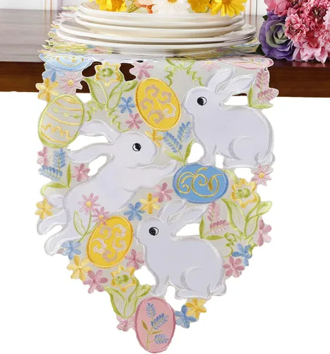 Miniatura 13 de Camino de mesa de Pascua, primavera, conejos, huevos, camino de mesa floral, bordado floral y conejos, huevos, bufanda, decoración de mesa