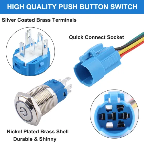 Miniatura 3 de 5 piezas de interruptor de botón de presión de cierre de metal de 16 mm impermeable, carcasa plateada, 12V-24V, 1NO 1NC, encendido/apagado