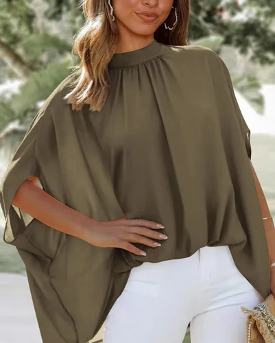 Miniatura 71 de BTFBM Blusas de verano para mujer, cuello alto falso, manga murciélago, holgadas, dobladillo alto y bajo, blusas informales de gran
