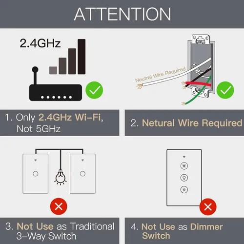 Miniatura 2 de Interruptor inteligente MOES táctil de pared, WiFi de 2.4 GHz con cable neutro requerido, control múltiple de 3 vías, panel de vidrio. Funciona