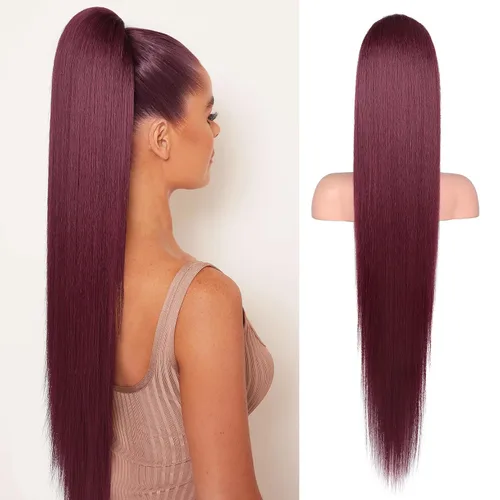 Miniatura 9 de Flufymooz - Extensión de cola de caballo de 26 pulgadas, extensiones de cabello con cordón y clip rectas, cola de caballo falsa natural suave