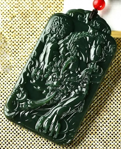 Miniatura 6 de China Natural Hetian Green Jade Nefrita Tallado Unicornio Pixiu Bestia Colgante Amuleto, Piedra