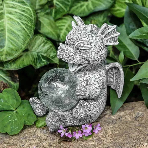 Miniatura 4 de Estatua de Dragón de Jardín con Energía Solar Figura Luminosa para Exteriores Decoración Linda que Sostiene Bola de Cristal Brillante Escultura