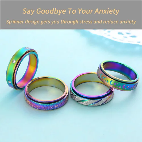 Miniatura 3 de Anillos de Ansiedad Anillos Fidget para Mujeres Anillos Giratorios para Ansiedad 4 Piezas 6MM Anillo de Acero de Titanio Arcoíris Talla 5-11 Anillos