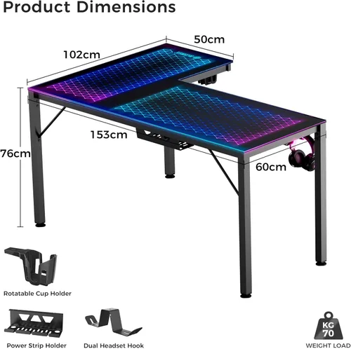 Miniatura 3 de EUREKA ERGONOMIC Escritorio de Juegos en Forma de L Reversible de 60 Pulgadas de Vidrio Negro con Luces LED RGB, Mesa de Computadora para Oficina