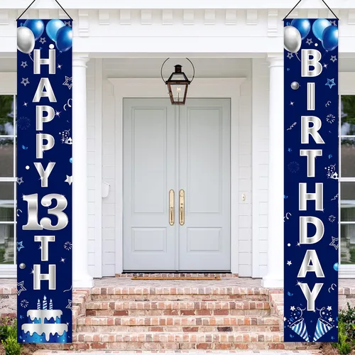 Miniatura 6 de Turypaty Cartel azul plateado para puerta de cumpleaños número 13, pancarta de feliz cumpleaños 13 para niños, suministros de fiesta de cumpleaños