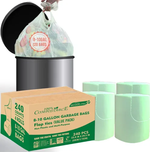 Miniatura 26 de BEIDOU-PAC Bolsas de basura compostables con solapa de 1 a 2 galones, 120 bolsas de abono pequeñas, bolsas de basura biodegradables para cocina