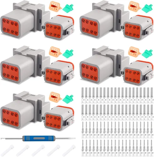 JRready ST6327-8 Kit de conectores Deutsch de 8 pines serie DT, conector DT gris impermeable de 8 pines (5 juegos), tamaño 16 contactos estampados