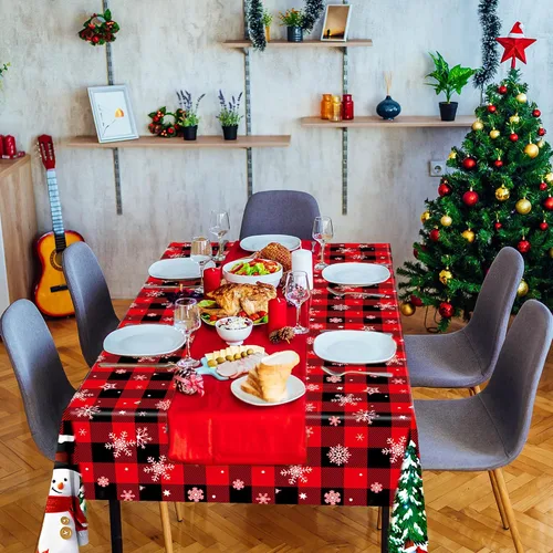 Miniatura 6 de 2 manteles de plástico desechables de Navidad con diseño de muñeco de nieve, mantel rectangular de Navidad con diseño de copo de nieve y búfalo