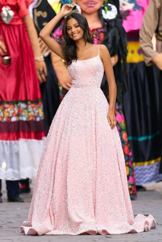 Miniatura 4 de Tianzhihe Vestidos de fiesta con tirantes delgados, vestidos de fiesta largos con lentejuelas, vestidos de fiesta formales brillantes acampanados