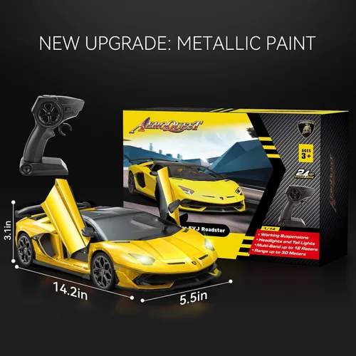 Miniatura 7 de AEROQUEST Lamborghini - Auto a control remoto, con licencia oficial 1:14 Lambo RC para niños y niñas, regalo de cumpleaños, juguetes amarillos